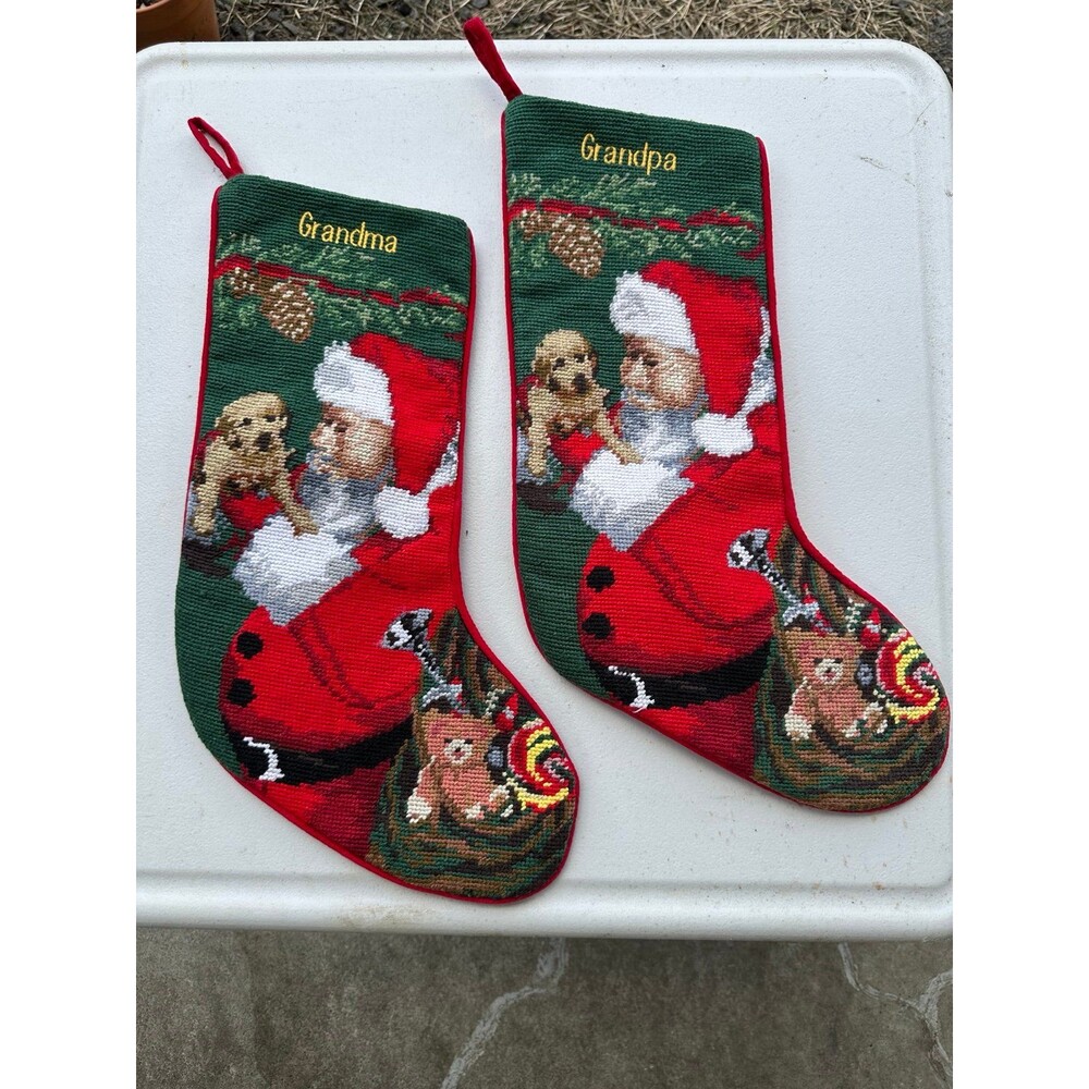 NWOT L.L. Bean Grandma Grandpa Needlepoint Velvet Back Christmas Stockings